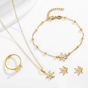 Parure De Bijoux Fleur Acier Inoxydable Zircone Cubique Collier Bracelet Bague Réglable Boucles D'oreilles Élégant