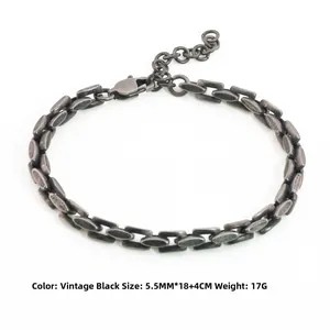 Detail view of vintage black stainless steel chain bracelet with lobster clasp and extension