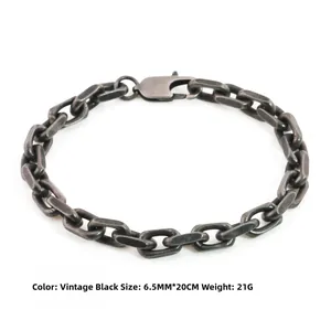 Detail of vintage black stainless steel chain bracelet with lobster clasp and dimensions