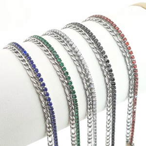 Bracciale a doppio strato in acciaio inossidabile con catena Figaro e zirconi