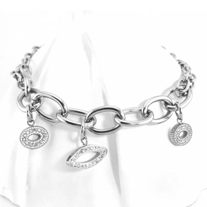 Polished silver stainless steel chunky chain bracelet with sparkling crystal eye charms