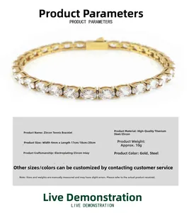 Détail du bracelet tennis en acier titane et zircon 4mm avec spécifications de taille