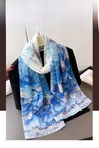 Detail of elegant floral silk scarf with blue gradient rose pattern on a suit