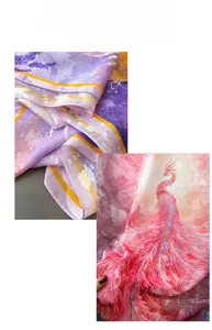 Detailed close-up showing purple geometric stripes and red phoenix floral silk scarf textures