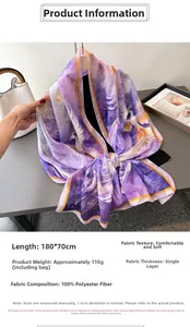 Detail showing the lightweight purple floral fabric and material specs of this long scarf