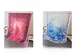 Detail view of floral and peacock print silk scarves in pink and blue color options