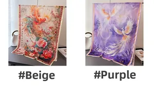 Detail of silk-satin scarf featuring beige and purple phoenix floral print patterns