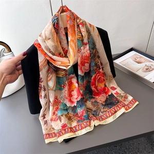Chinese style floral print silk scarf in red and blue, elegant summer beach shawl