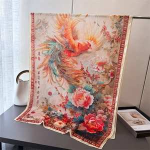 Detailed view of silk scarf featuring colorful phoenix and peony with Chinese calligraphy