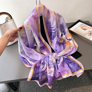 Purple silk scarf with elegant Chinese crane and landscape print for sun protection