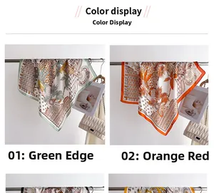 Detail showing silk scarves in tiger print and tropical palm patterns in green and orange