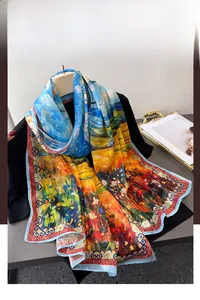 Detailed close-up of colorful artistic print scarf with elegant impressionist oil painting style