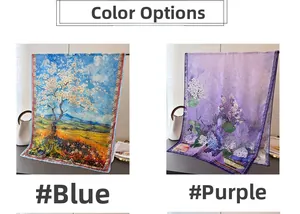 Detail view of artistic oil painting print scarves in vibrant blue and purple floral patterns