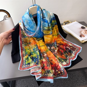 Women Artistic Oil Painting Print Satin Like Scarf Floral Deer Pattern Sun Protection Large Shawl Wrap Elegant Lightweight