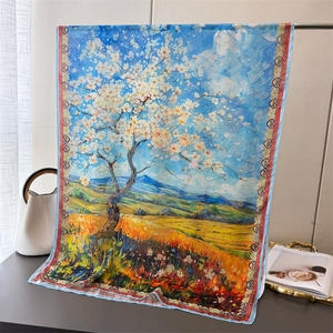 Detailed texture of oil painting style floral silk scarf with geometric border patterns