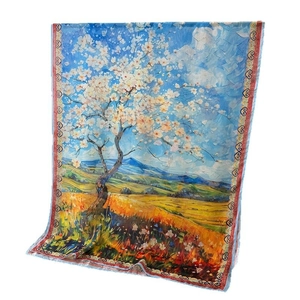 Artistic oil painting style silk scarf with white blossom tree and vintage border