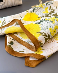 Macro view of floral pattern and twill texture on a cotton-linen feel square scarf