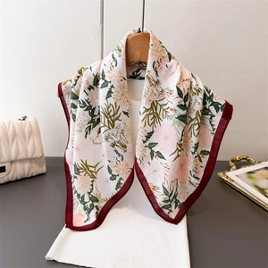 Floral herringbone cotton-linen feel square scarf with pink chrysanthemum prints