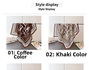 Detail view of paisley and geometric pattern silk square scarves in coffee and khaki