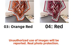 Detail view of square scarves with vintage chain patterns in orange and red silk feel