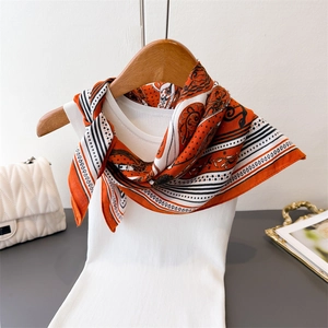 Elegant paisley chain pattern silk square scarf in orange and black for women