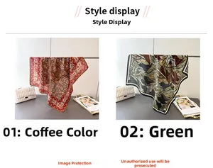 Detail view comparing coffee ethnic print and green leaf pattern silk neck scarves