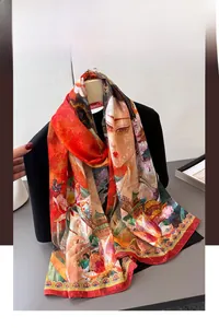 Detail of traditional Chinese art print on long silk scarf with lotus and architecture
