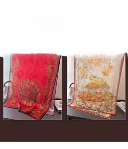 Detailed close-up of traditional Chinese floral and dragon prints on long silk scarves
