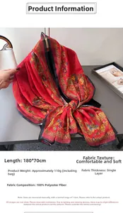 Close-up of red printed floral scarf with traditional patterns in 180x70cm size