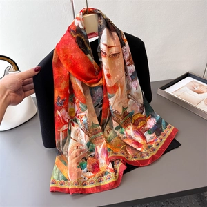 Traditional Chinese Style Printed Scarf For Women Lightweight Polyester Satin Like Shawl Retro Floral Sun Protection
