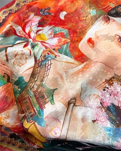Detail of floral silk scarf showing traditional Chinese prints and fine twill texture