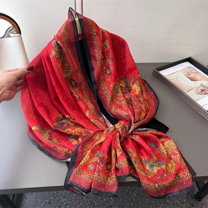 Elegant red long silk scarf with oriental phoenix and floral print for sun protection