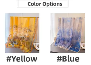 Detail view of large chiffon floral scarves in gradient yellow and blue violet patterns