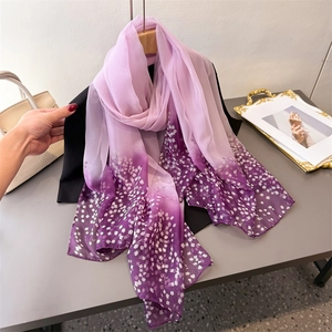 Women Floral Print Fashion Scarf Gradient Color Soft Chiffon Shawl Sun Protection Travel Wrap Elegant Large