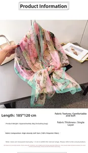 Detail showing soft floral print polyester scarf fabric texture and 185x120cm dimensions