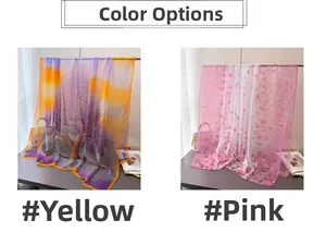 Detail of sheer chiffon floral shawls in pink floral and yellow gradient prints