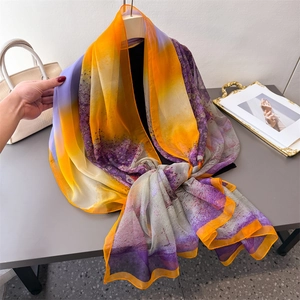 Artistic gradient chiffon shawl with vibrant orange and purple ink wash floral print