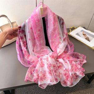 Pink floral chiffon silk scarf long lightweight sun protection shawl wrap for women