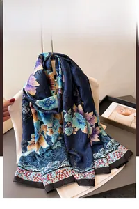 Detailed shot of peony print silk scarf showing dark blue fabric and fine floral texture