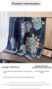 Detail of floral peony print scarf showing dimensions 180x87cm and polyester material