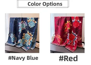 Detailed view of navy blue and red silk scarves featuring peony patterns and calligraphy