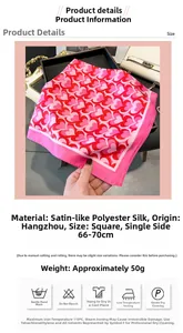 Detailed size and care specifications for the pink heart pattern satin square scarf