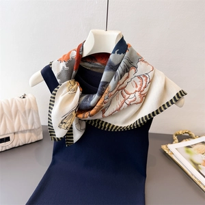 Floral cotton linen scarf with herringbone pattern and yellow-blue striped borders