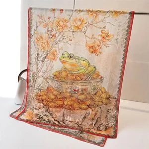 Elegant silk scarf with Chinese fortune toad print and vintage floral pattern