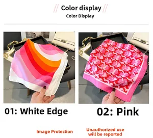 Detail of silk-like square scarves featuring heart print and colorful wavy patterns