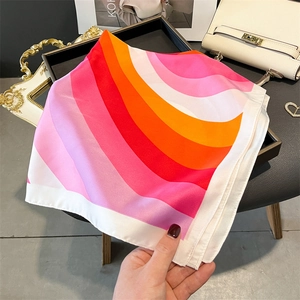 Elegant silk-like square scarf with colorful wave patterns and ivory border for women