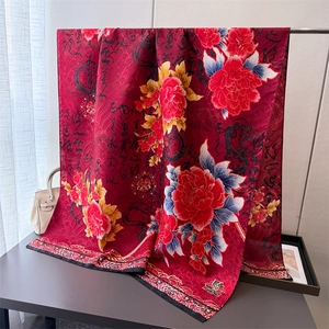 Elegant red silk scarf with peony floral prints and traditional Chinese dragon patterns