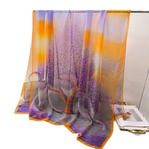 Floral print chiffon scarf in purple and orange gradient for sun protection