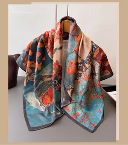 Detail of silk scarf showing classical floral patterns and high-quality printed textures