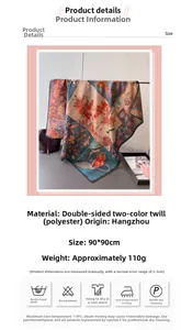 Detailed view of vintage silk scarf showing product specs and retro floral pattern